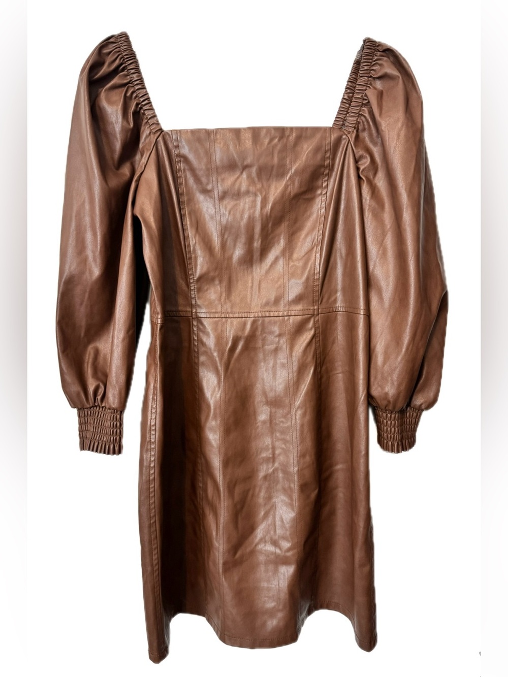 Avec Les Filles Faux Leather Puff Sleeve Midi Dress Brown Size M